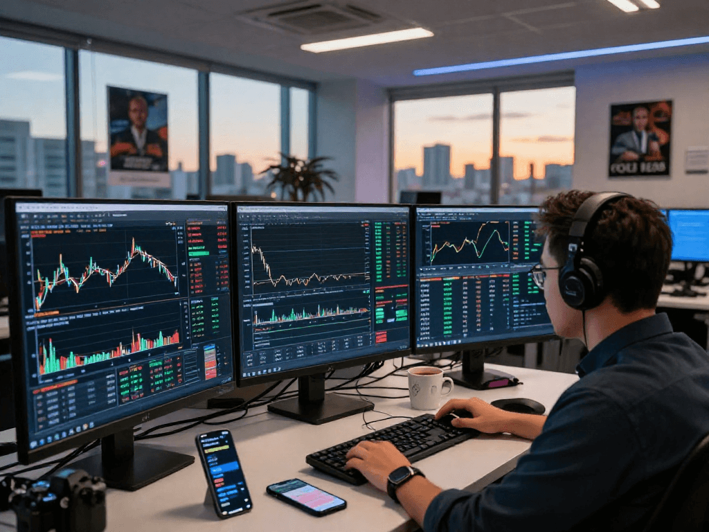 Trader analyzing market data on MetaTrader 5 in a modern finance office.