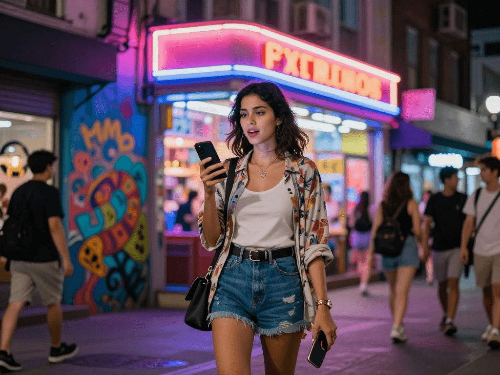 Một phụ nữ trẻ trung tự tin, hấp dẫn với trang phục thời trang, đứng giữa đèn neon, thể hiện gái gọi sành điệu trong đêm