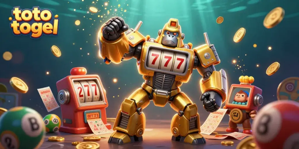 Engaging scene of toto togel with a giant golden gorilla mech and lottery elements in an action-packed casino environment.
