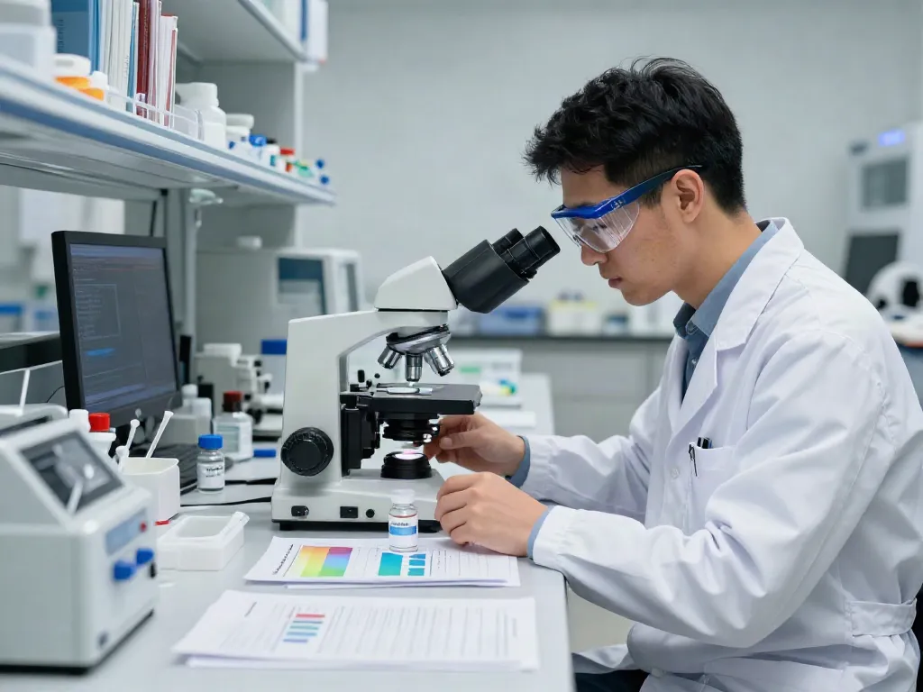 Examining high purity sermorelin vials in a laboratory setting.