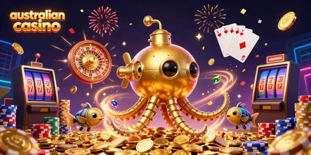 Engage with an enchanting scene of the australian casino, featuring a golden kraken submarine amidst cascading coins and vibrant playing cards.