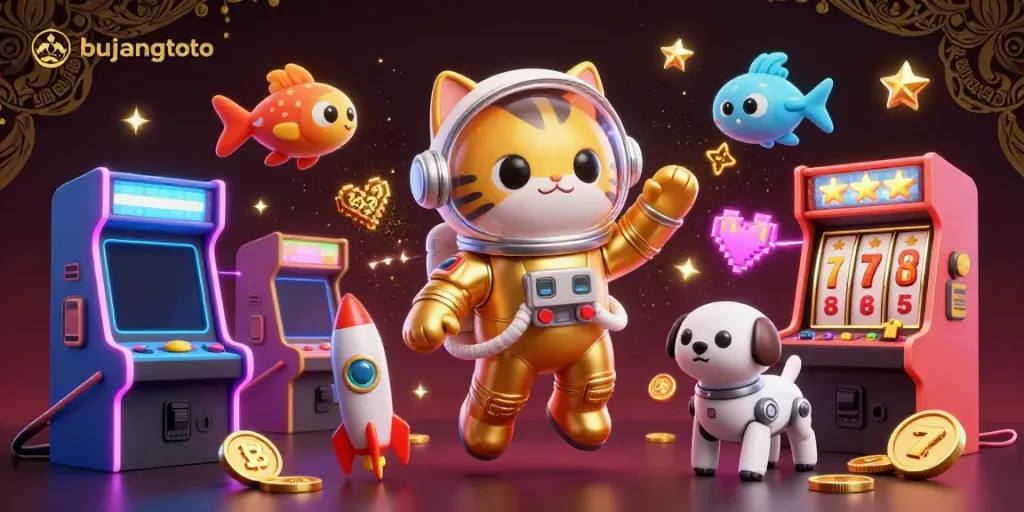 Bujangtoto showcases a 3D cat astronaut and robot dog in a vibrant casino-themed scene filled with arcade elements.