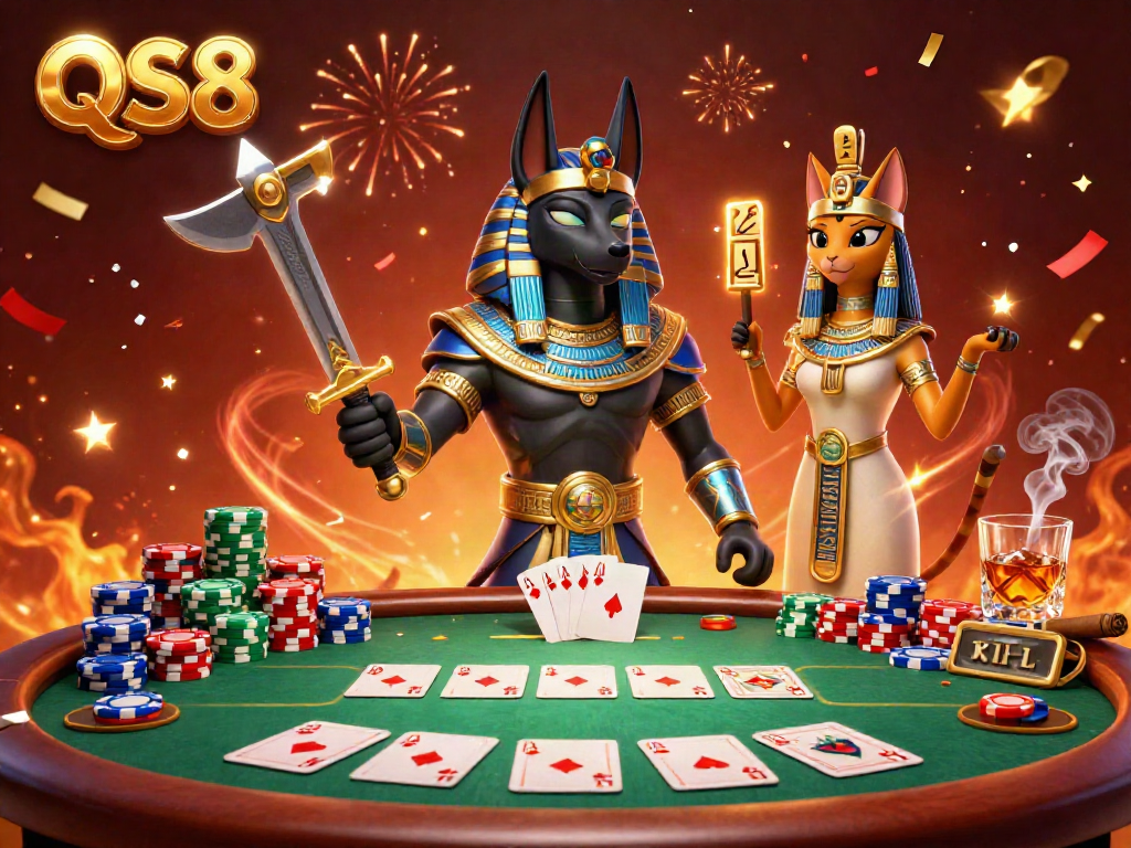 Experience thrilling poker action with QS88 as Anubis and Bastet bring the casino to life in a vibrant 3D scene.