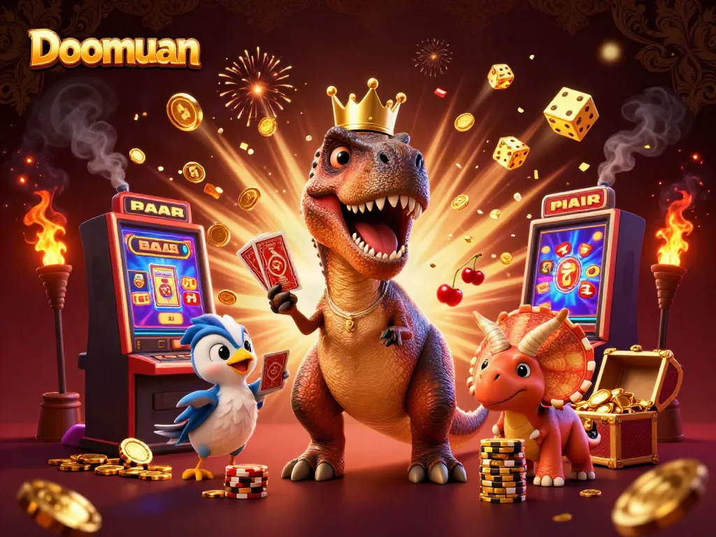 Doomuan features a cartoon T-Rex and pterodactyl in a dynamic casino scene with golden chips and slots.