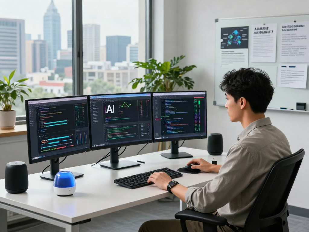 Data scientist demonstrating AI Detection technology in a modern office.