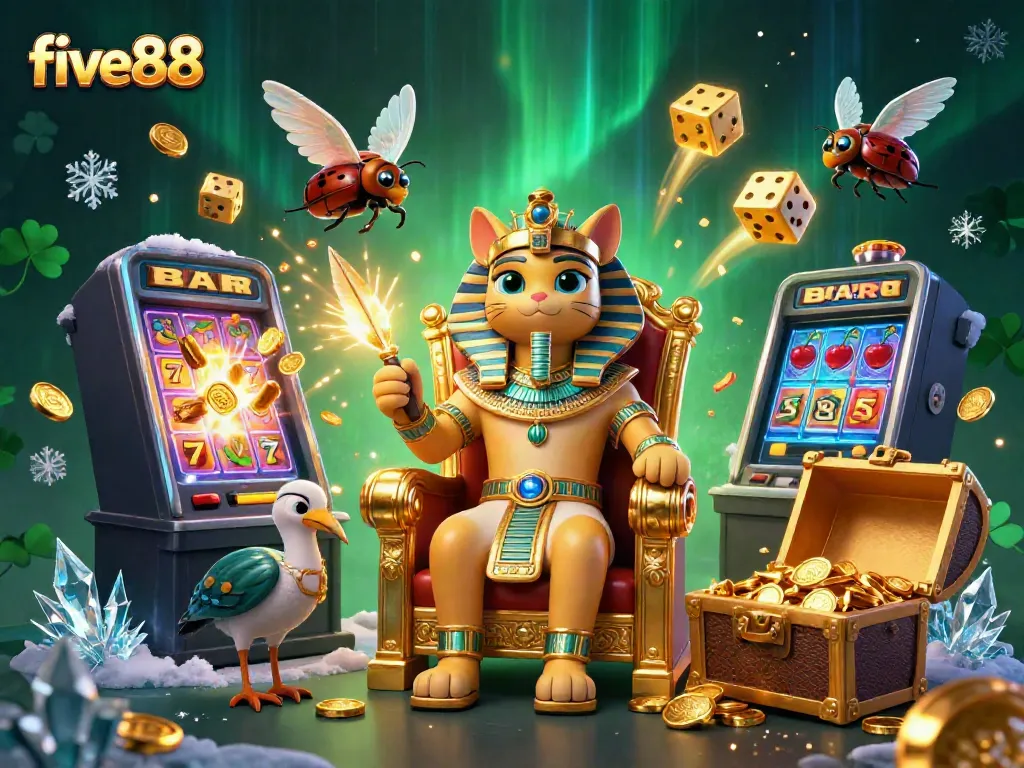 Experience thrilling five88 jackpots with vibrant Egyptian-themed 3D illustration featuring a pharaoh cat and scribe.