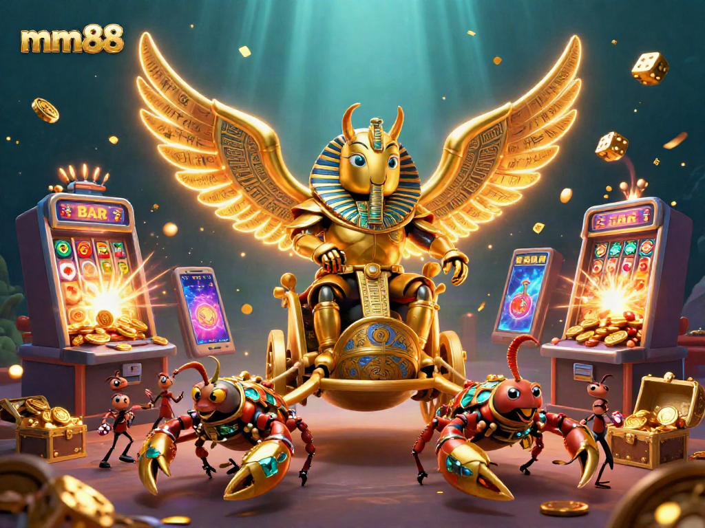 Spin the reels with mm88 in this dynamic 3D casino scene featuring exciting gaming elements.