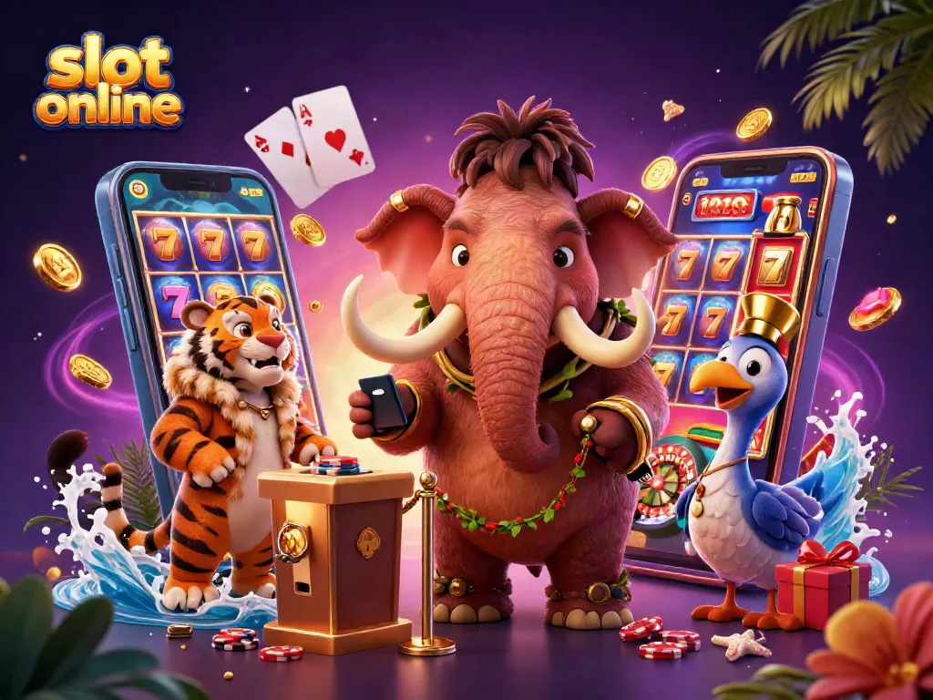 Slot online dengan mamoth bouncer memeriksa ID tamu VIP, ponsel menampilkan permainan beruntung terjadi di kasino.