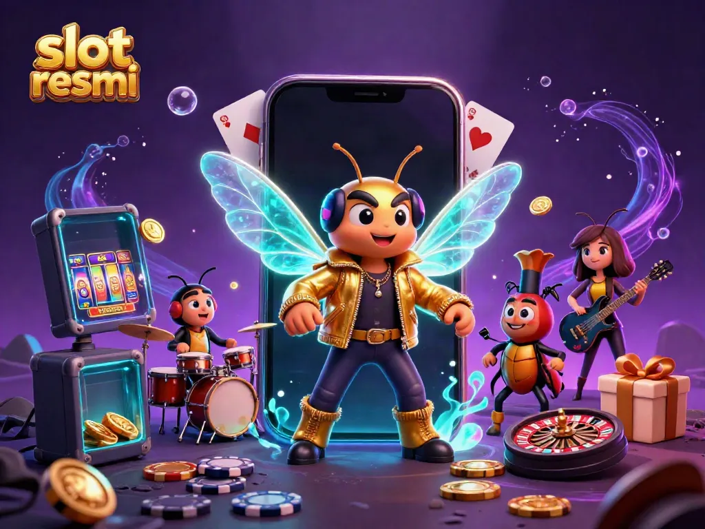 Experience slot resmi excitement with a rock star cicada and vibrant casino elements in a dazzling 3D scene.