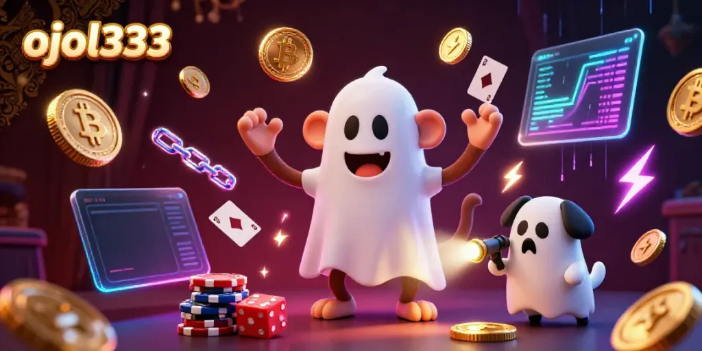 Engage with ojol333's dynamic gaming atmosphere as the playful monkey juggles golden rewards amidst a haunted casino.
