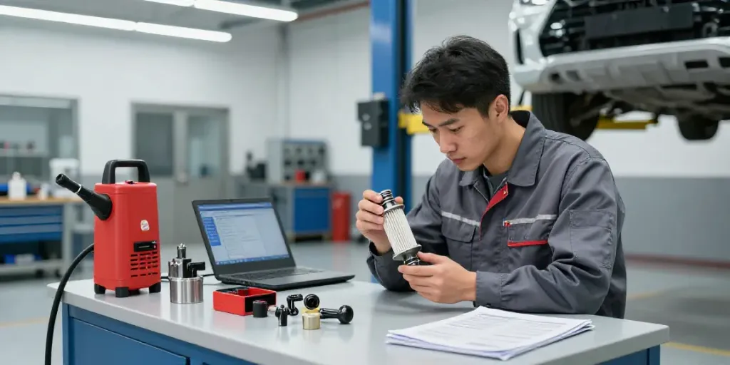 Technician performing dpf reinigen in a professional automotive workshop.