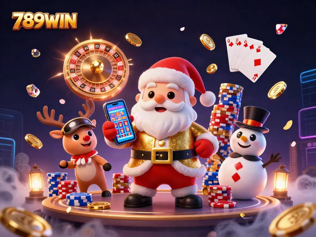 Spin the winning slots with 789WIN as Santa, a reindeer dealer, and a poker chip snowman joyfully assemble at the casino.