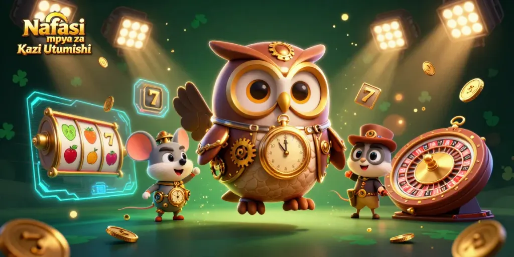 Nafasi mpya za Kazi Utumishi featuring a time-traveler owl and clockwork mouse amidst lively casino elements.