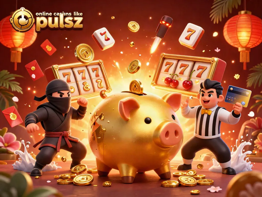 Engage with online casinos like pulsz through dynamic 3D casino illustration showcasing playful characters and vibrant gaming elements.