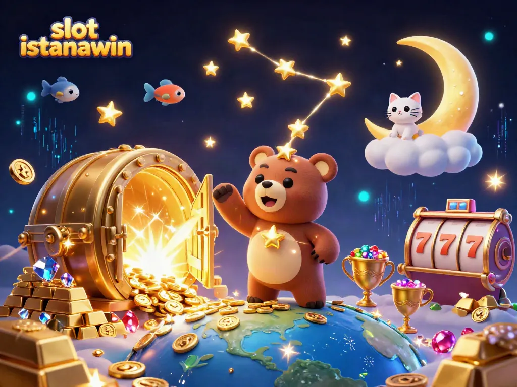 Slot istanawin menghadirkan ilustrasi 3D kartun dengan karakter bintang emas dan simbol slot yang megah.