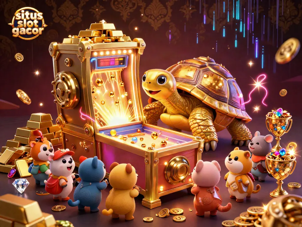 Experience excitement with situs slot gacor featuring a golden tortoise pinball machine and treasure vault in this vibrant 3D illustration.