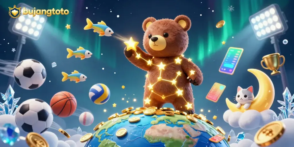 Bujangtoto players scoop coins from the sky amidst dynamic sports elements in an engaging 3D scene.
