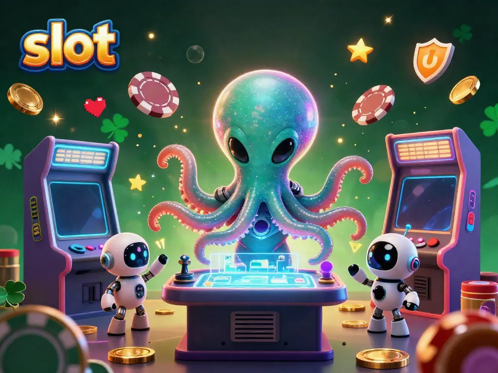 Experience the thrill of slots with an alien octopus and robot companion at a holographic slot machine.