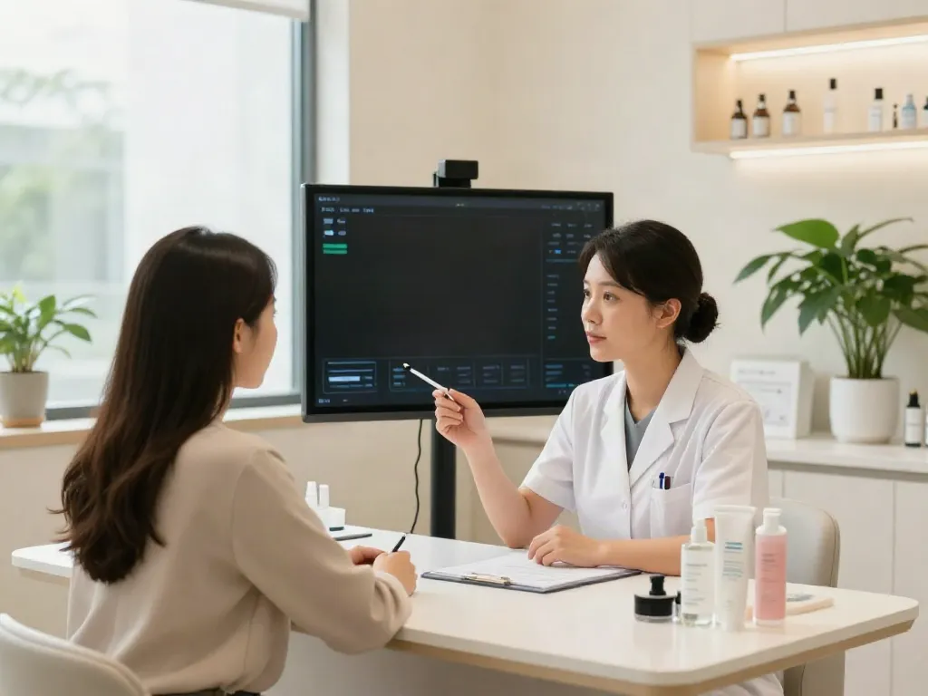 Beauty consultation discussing alternatives to QOVES with visual analysis results on screen.