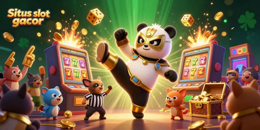 Situs slot gacor showcasing a panda wrestler in action with vibrant slot machine elements and a cheering crowd.