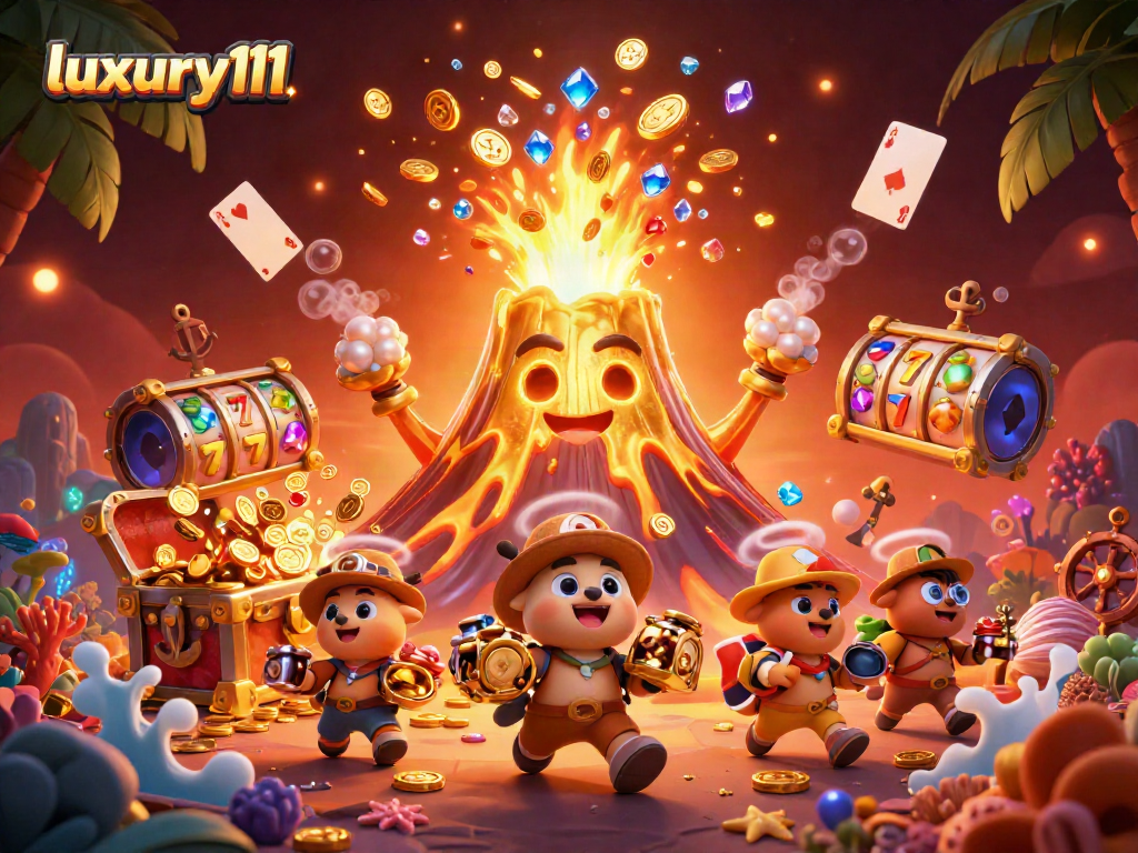 Unleash winnings with luxury111 in a rich 3D illustration of a golden volcano and treasure.