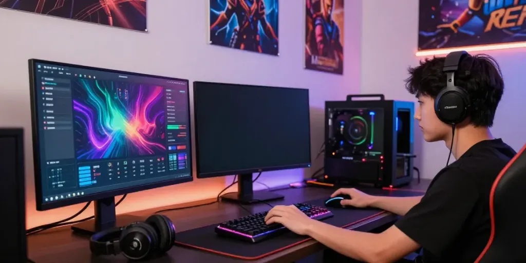 Singatoto online gaming interface with a focused gamer in a vibrant, tech-rich environment.