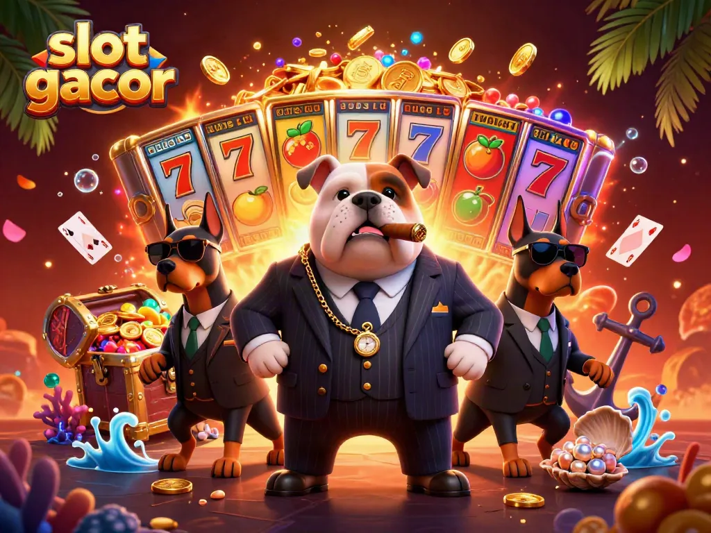 Experience the thrill of slot gacor with a lively 3D scene of a mafia boss bulldog and bodyguard Dobermans amidst spinning slot reels and treasures.