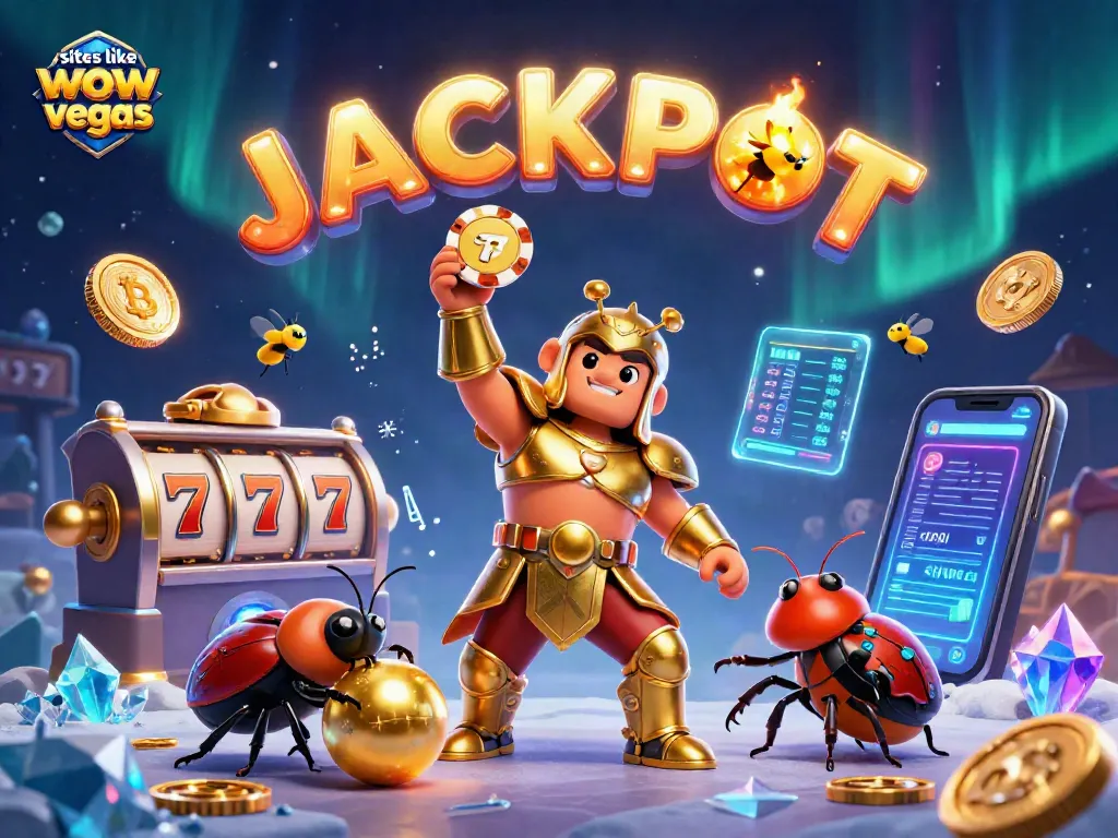 Spin and win with sites like wow vegas featuring a triumphant beetle and casino elements!