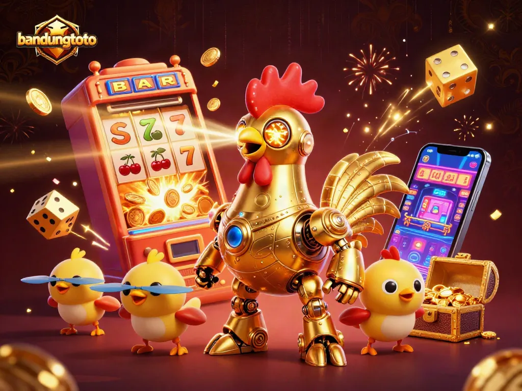 Experience thrilling gameplay with Bandungtoto's golden rooster robot and jackpot excitement in this vibrant illustration.
