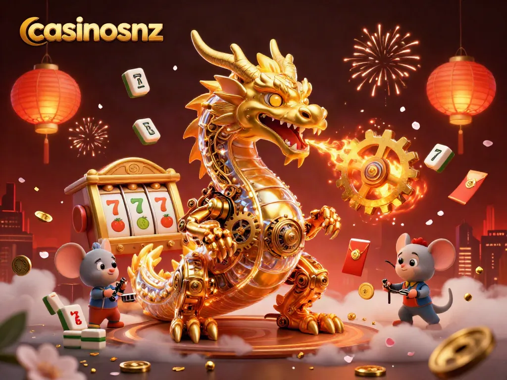 Experience the thrill of casinosnz with a dynamic 3D illustration showcasing a golden dragon!