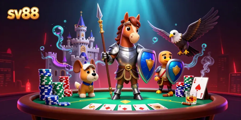 Experience thrilling gameplay at sv88 with a 3D knight, squire, and falcon amidst vibrant casino elements.
