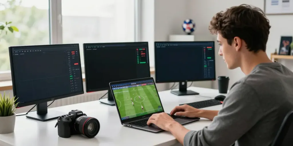 WWBOLA participant analyzing live soccer odds and statistics in a vibrant home office.
