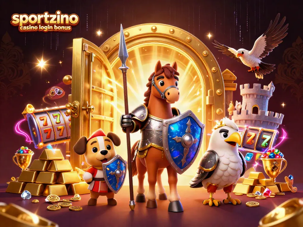 Claim your sportzino casino login bonus with exciting treasures and rewards in this vibrant scene.