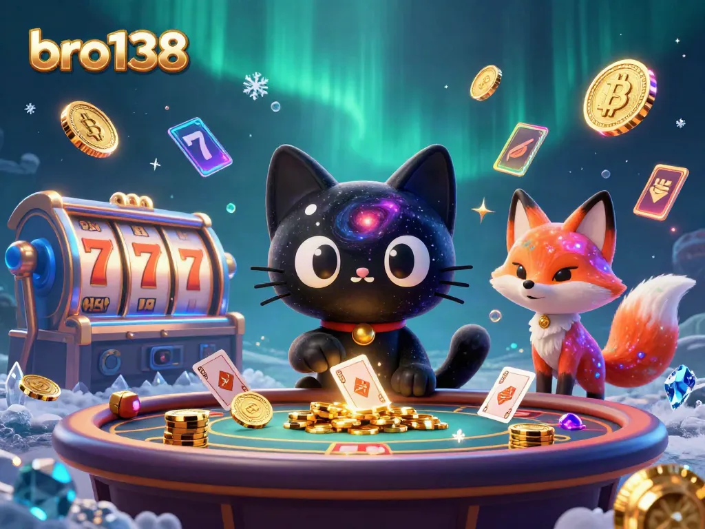 Experience the excitement of bro138 with a cosmic casino illustration featuring colorful characters and slot elements.
