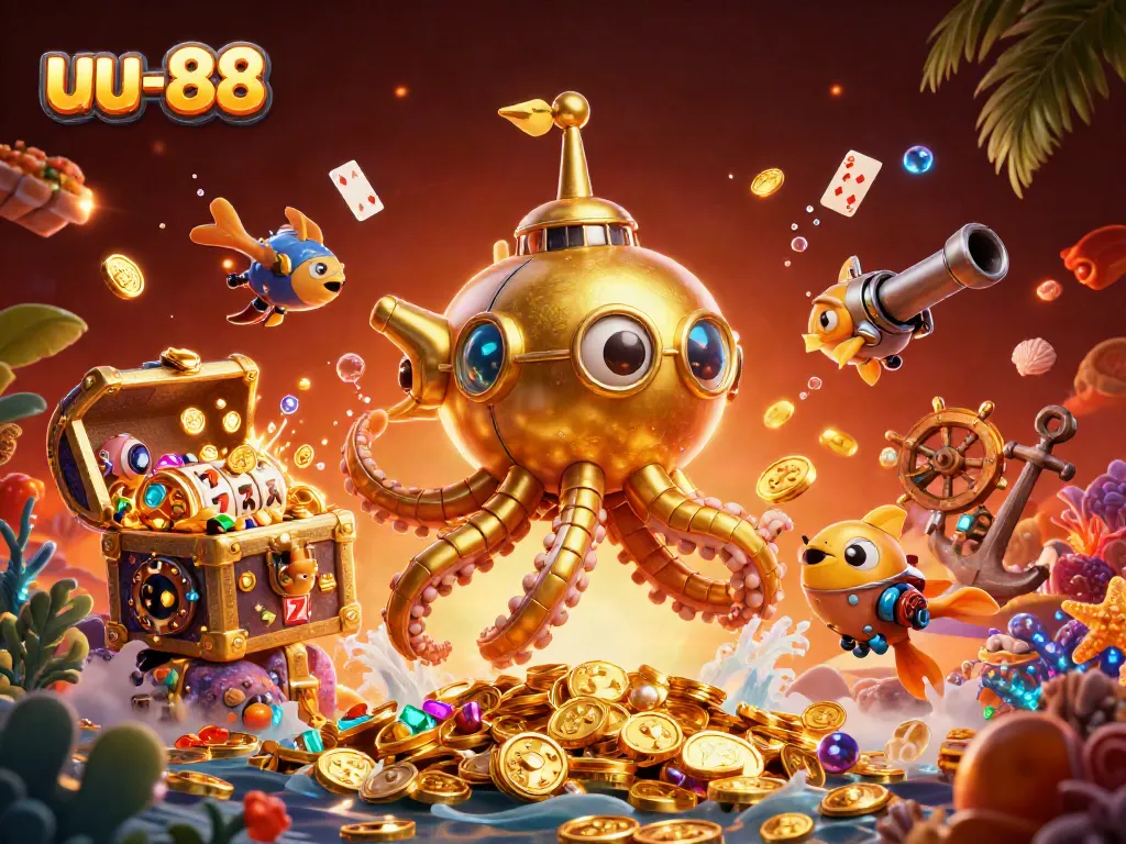 Engage in exciting gambling action at uu-88 with a vibrant 3D illustration featuring a golden kraken submarine.