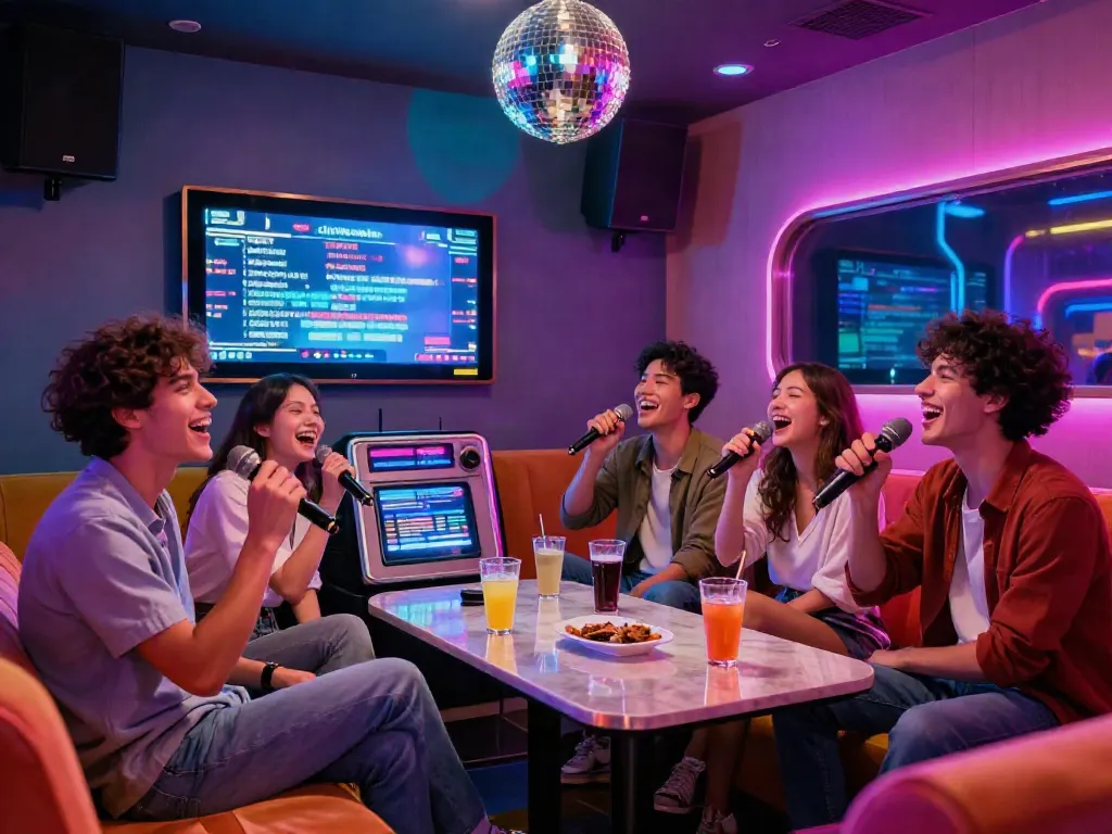 강남 달토 가라오케에서 친구들과 함께 노래하는 즐거운 순간, 밝고 화려한 조명과 현대적인 인테리어가 조화를 이루고 있습니다.