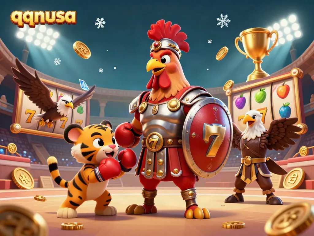 Engage with qqnusa through this vibrant illustration of a gladiator rooster in a casino-themed colosseum.
