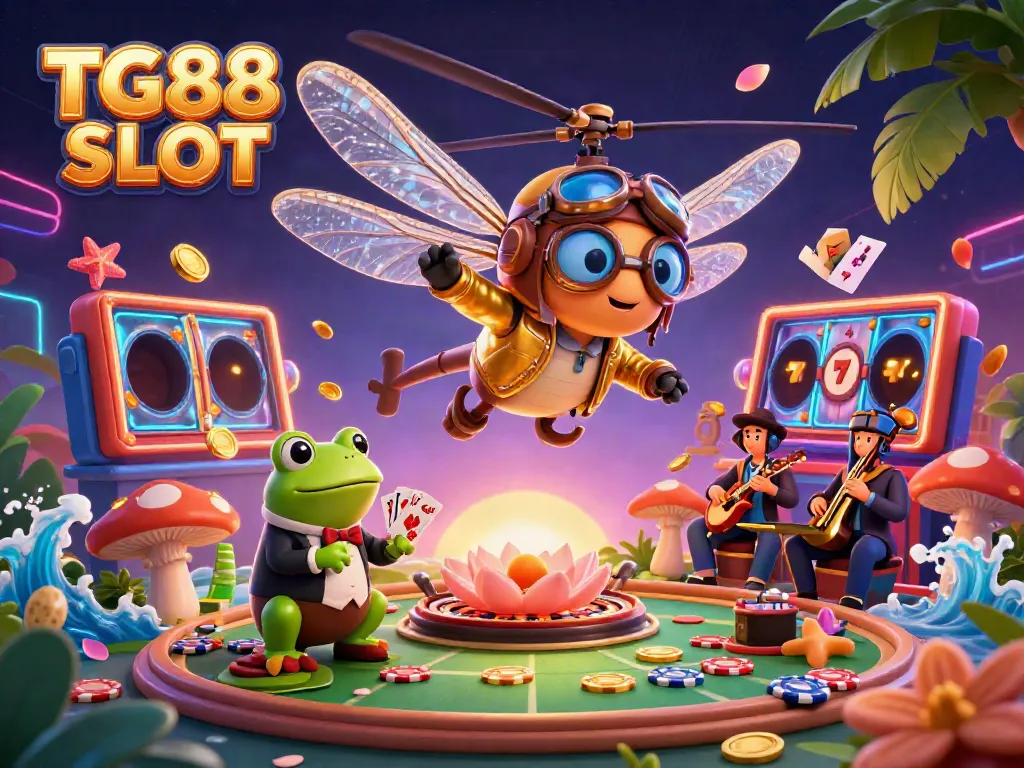 Experience thrilling gameplay with TG88 SLOT at a vibrant 3D casino scene featuring cartoon characters and lively slot action.