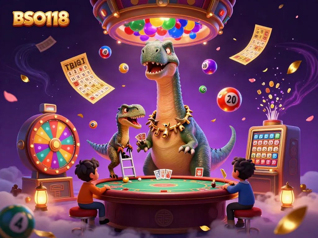 Engage with BSO118's vibrant casino scene featuring a giant brontosaurus and thrilling game elements.