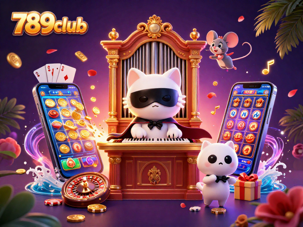 Experience the excitement of 789club with a dynamic casino scene featuring a cartoon cat and mouse acrobat.
