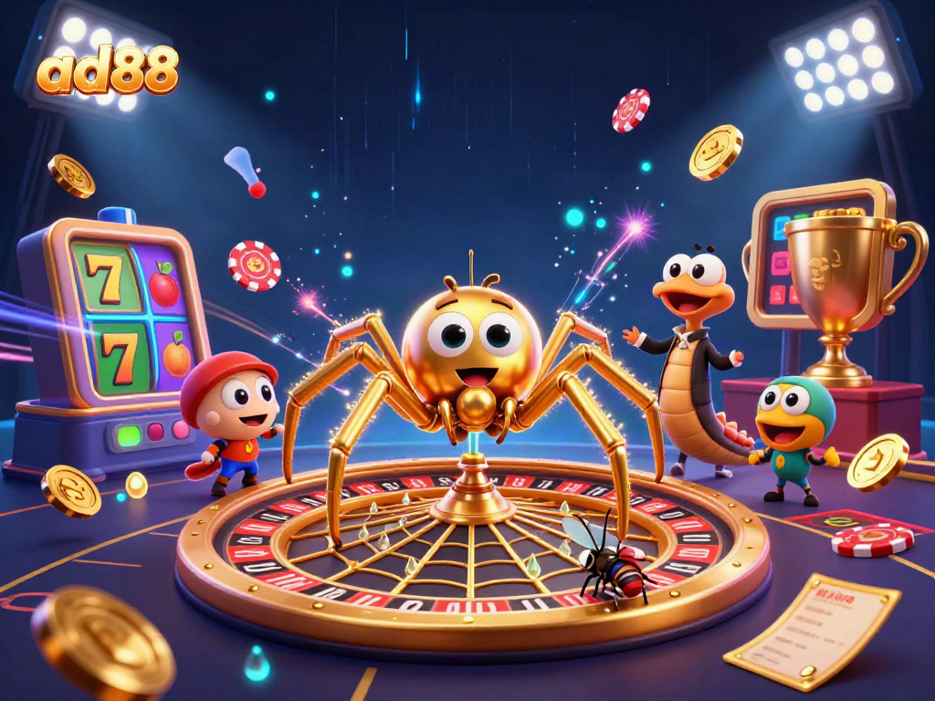 ad88 engages players with a thrilling casino scene featuring a roulette wheel and animated characters.