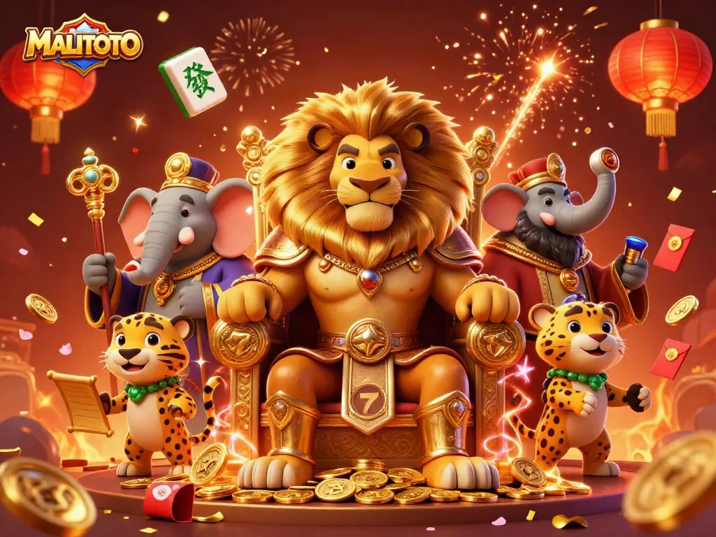 MALITOTO showcases a vibrant 3D casino scene with a lion king, elephant advisor, and cheetah messenger among playful slot game elements.
