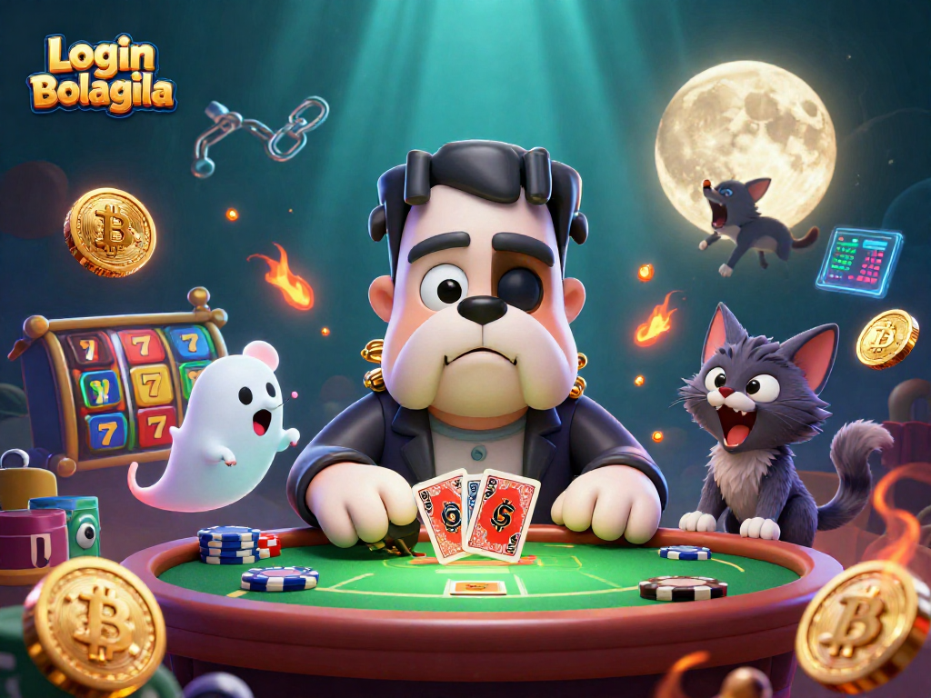 Engage in thrilling poker action with Login Bolagila at a spooky gaming table featuring colorful slot reels and ghostly elements.