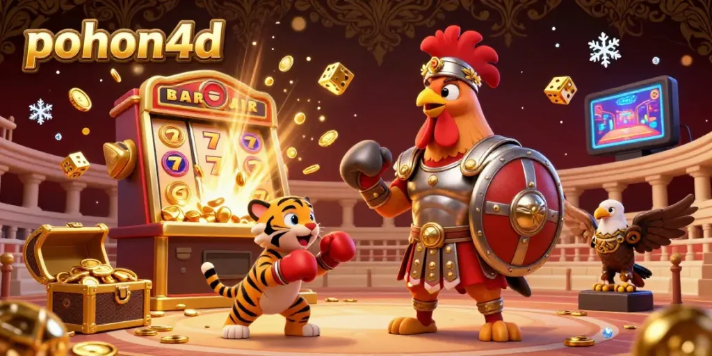 Pohon4d, the premier online gaming platform, showcases a vibrant 3D gladiator rooster and entertainment elements surrounding it.