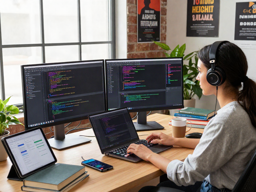 Pikashow apk download depicted in a vibrant tech workspace with developer focused on coding with dual monitors, laptop, and coffee.