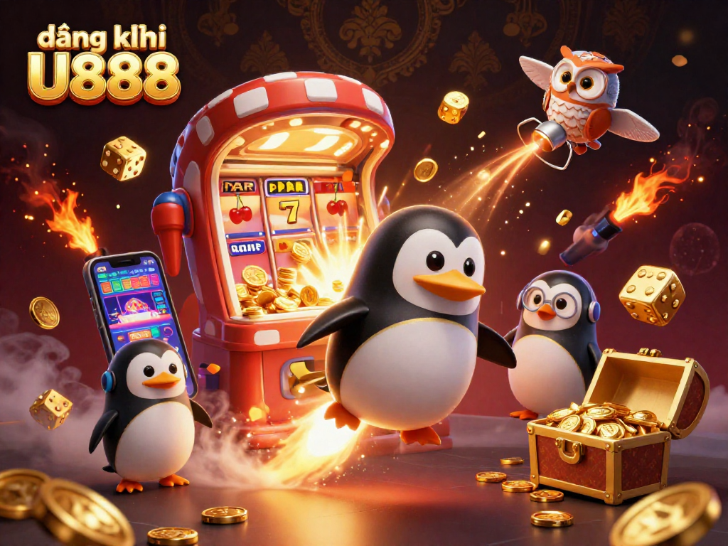 Experience the thrill of đăng ký U888 with a vibrant scene featuring a golden penguin and casino elements.