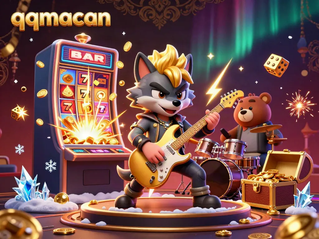 Experience the excitement of qqmacan with a rock star wolf and drummer bear amid jackpot explosions and colorful casino elements.