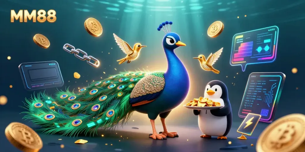 Experience MM88 excitement with a dazzling peacock, a butler penguin, and a hummingbird amidst vibrant crypto coins.