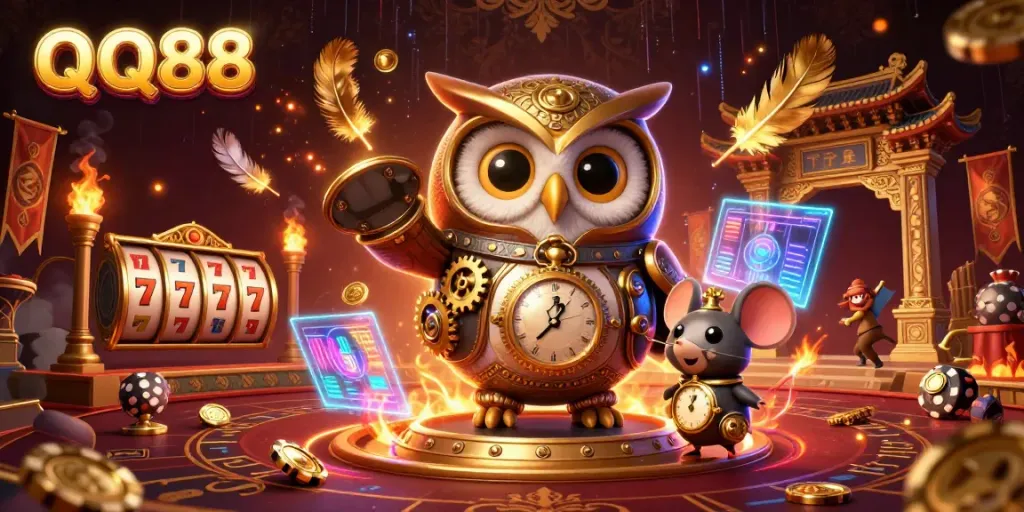 Experience thrilling gaming action with QQ88, showcasing a dynamic steampunk owl among vibrant casino elements.