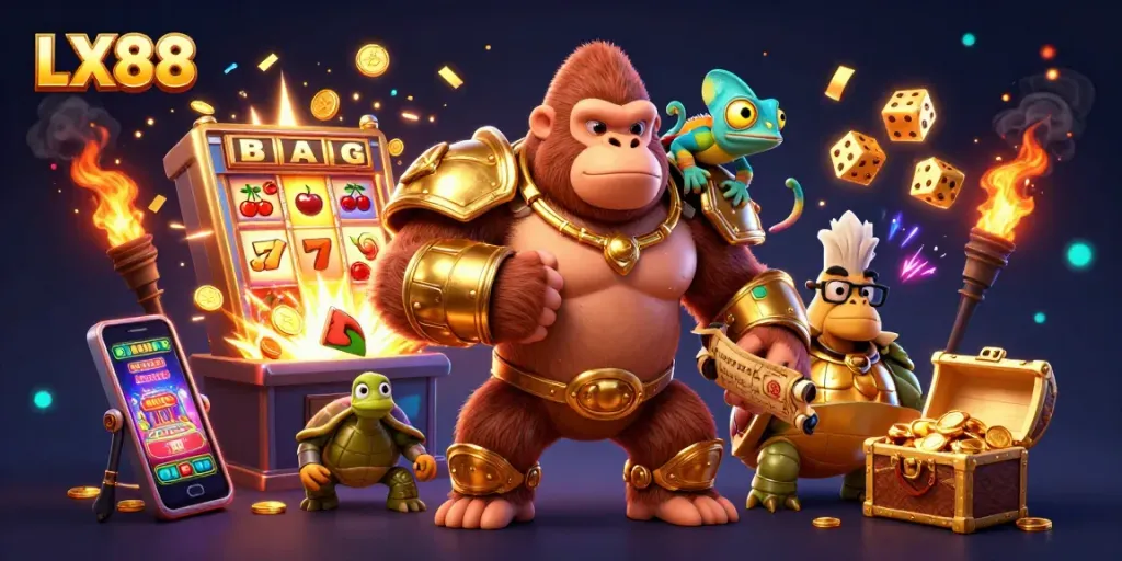 Spin the reels with LX88 as gorilla king, chameleon spy, and tortoise elder celebrate in a jackpot scene.